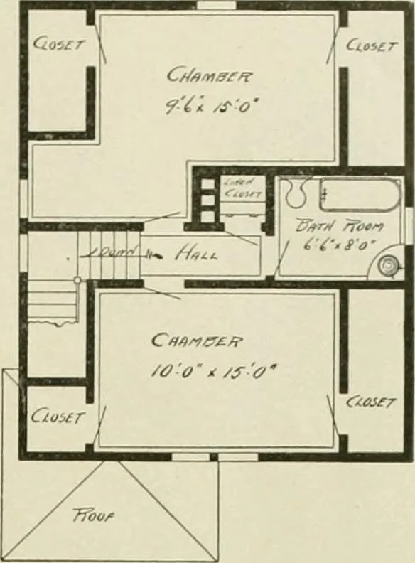 An illustration from Guaranteed building plans with interior views and details : a standard collection of new, original and artistic designs of cottages, bungalows, residences and flats of frame, brick, cement, plaster, concrete blocks, hollow tile, stucco, etc. and farm buildings of all descriptions together with interior and exterior details and interior views arranged and described by William A. Radford., 1915, leaf 108