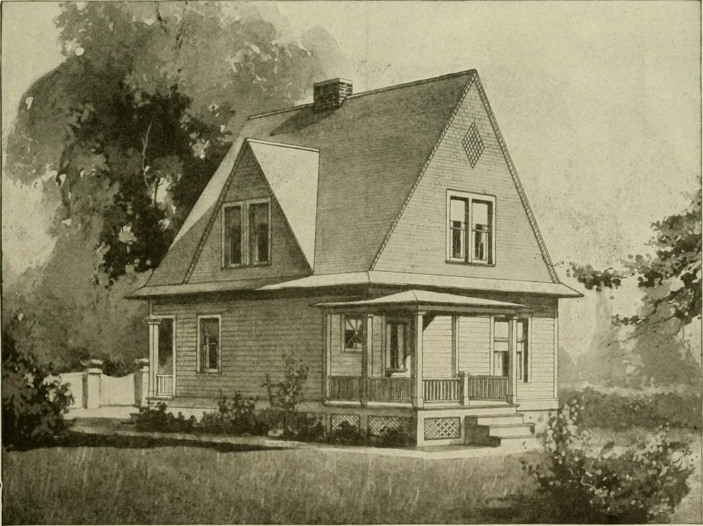 An illustration from Guaranteed building plans with interior views and details : a standard collection of new, original and artistic designs of cottages, bungalows, residences and flats of frame, brick, cement, plaster, concrete blocks, hollow tile, stucco, etc. and farm buildings of all descriptions together with interior and exterior details and interior views arranged and described by William A. Radford., 1915, leaf 108