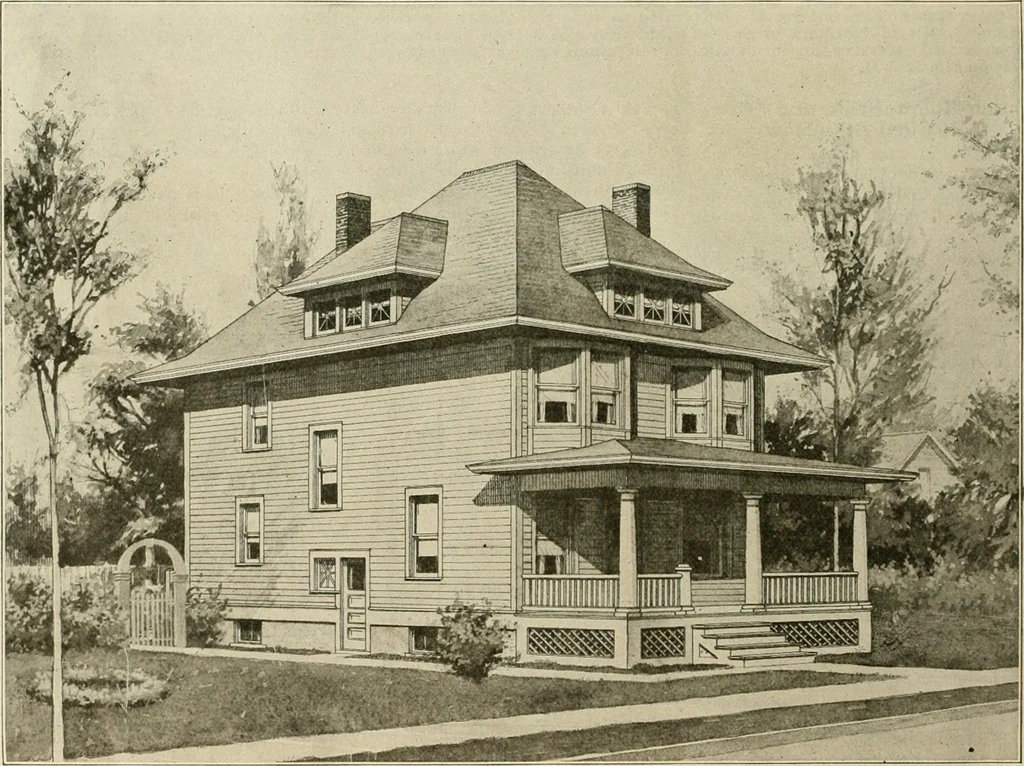 An illustration from Guaranteed building plans with interior views and details : a standard collection of new, original and artistic designs of cottages, bungalows, residences and flats of frame, brick, cement, plaster, concrete blocks, hollow tile, stucco, etc. and farm buildings of all descriptions together with interior and exterior details and interior views arranged and described by William A. Radford., 1915, leaf 11