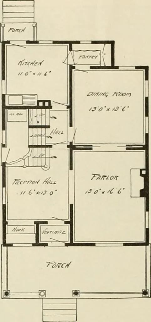 An illustration from Guaranteed building plans with interior views and details : a standard collection of new, original and artistic designs of cottages, bungalows, residences and flats of frame, brick, cement, plaster, concrete blocks, hollow tile, stucco, etc. and farm buildings of all descriptions together with interior and exterior details and interior views arranged and described by William A. Radford., 1915, leaf 11