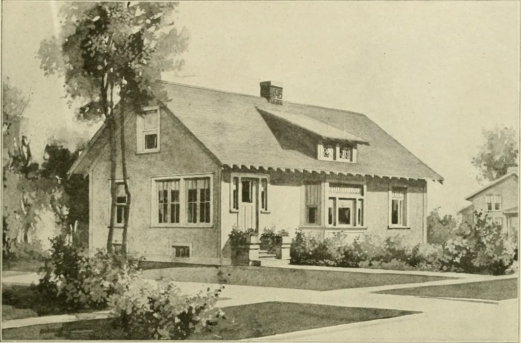 An illustration from Guaranteed building plans with interior views and details : a standard collection of new, original and artistic designs of cottages, bungalows, residences and flats of frame, brick, cement, plaster, concrete blocks, hollow tile, stucco, etc. and farm buildings of all descriptions together with interior and exterior details and interior views arranged and described by William A. Radford., 1915, leaf 110