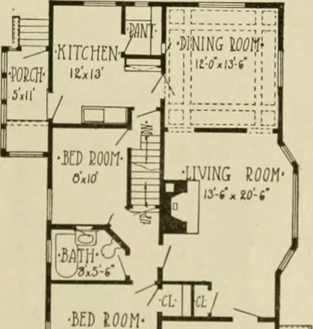 An illustration from Guaranteed building plans with interior views and details : a standard collection of new, original and artistic designs of cottages, bungalows, residences and flats of frame, brick, cement, plaster, concrete blocks, hollow tile, stucco, etc. and farm buildings of all descriptions together with interior and exterior details and interior views arranged and described by William A. Radford., 1915, leaf 110