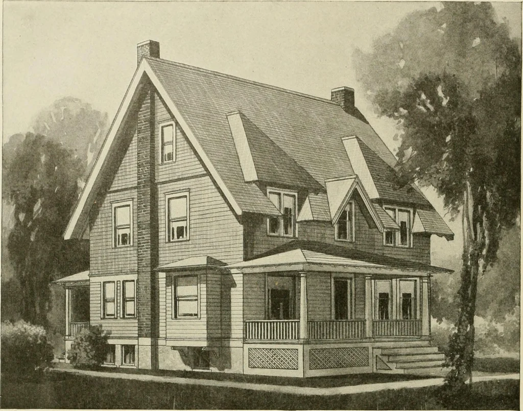 An illustration from Guaranteed building plans with interior views and details : a standard collection of new, original and artistic designs of cottages, bungalows, residences and flats of frame, brick, cement, plaster, concrete blocks, hollow tile, stucco, etc. and farm buildings of all descriptions together with interior and exterior details and interior views arranged and described by William A. Radford., 1915, leaf 111