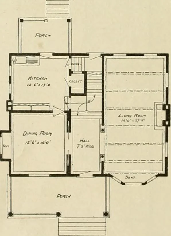 An illustration from Guaranteed building plans with interior views and details : a standard collection of new, original and artistic designs of cottages, bungalows, residences and flats of frame, brick, cement, plaster, concrete blocks, hollow tile, stucco, etc. and farm buildings of all descriptions together with interior and exterior details and interior views arranged and described by William A. Radford., 1915, leaf 111