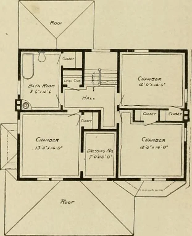 An illustration from Guaranteed building plans with interior views and details : a standard collection of new, original and artistic designs of cottages, bungalows, residences and flats of frame, brick, cement, plaster, concrete blocks, hollow tile, stucco, etc. and farm buildings of all descriptions together with interior and exterior details and interior views arranged and described by William A. Radford., 1915, leaf 111