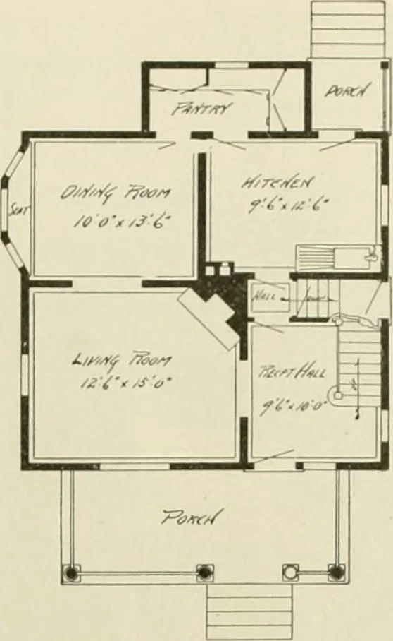 An illustration from Guaranteed building plans with interior views and details : a standard collection of new, original and artistic designs of cottages, bungalows, residences and flats of frame, brick, cement, plaster, concrete blocks, hollow tile, stucco, etc. and farm buildings of all descriptions together with interior and exterior details and interior views arranged and described by William A. Radford., 1915, leaf 112