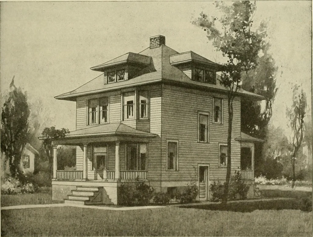 An illustration from Guaranteed building plans with interior views and details : a standard collection of new, original and artistic designs of cottages, bungalows, residences and flats of frame, brick, cement, plaster, concrete blocks, hollow tile, stucco, etc. and farm buildings of all descriptions together with interior and exterior details and interior views arranged and described by William A. Radford., 1915, leaf 112