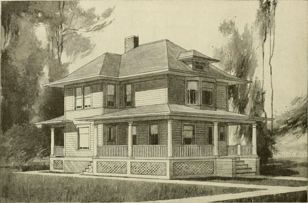 An illustration from Guaranteed building plans with interior views and details : a standard collection of new, original and artistic designs of cottages, bungalows, residences and flats of frame, brick, cement, plaster, concrete blocks, hollow tile, stucco, etc. and farm buildings of all descriptions together with interior and exterior details and interior views arranged and described by William A. Radford., 1915, leaf 113
