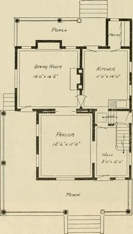 An illustration from Guaranteed building plans with interior views and details : a standard collection of new, original and artistic designs of cottages, bungalows, residences and flats of frame, brick, cement, plaster, concrete blocks, hollow tile, stucco, etc. and farm buildings of all descriptions together with interior and exterior details and interior views arranged and described by William A. Radford., 1915, leaf 113