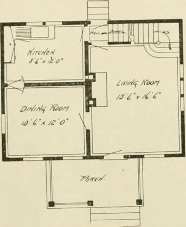 An illustration from Guaranteed building plans with interior views and details : a standard collection of new, original and artistic designs of cottages, bungalows, residences and flats of frame, brick, cement, plaster, concrete blocks, hollow tile, stucco, etc. and farm buildings of all descriptions together with interior and exterior details and interior views arranged and described by William A. Radford., 1915, leaf 114