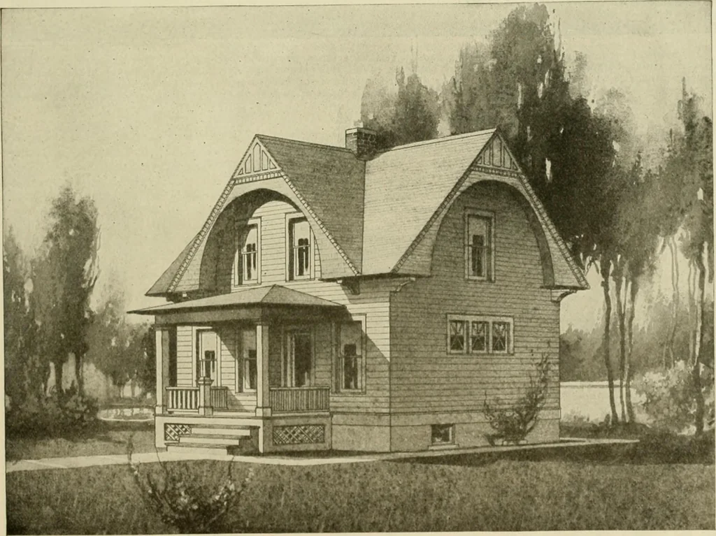 An illustration from Guaranteed building plans with interior views and details : a standard collection of new, original and artistic designs of cottages, bungalows, residences and flats of frame, brick, cement, plaster, concrete blocks, hollow tile, stucco, etc. and farm buildings of all descriptions together with interior and exterior details and interior views arranged and described by William A. Radford., 1915, leaf 114