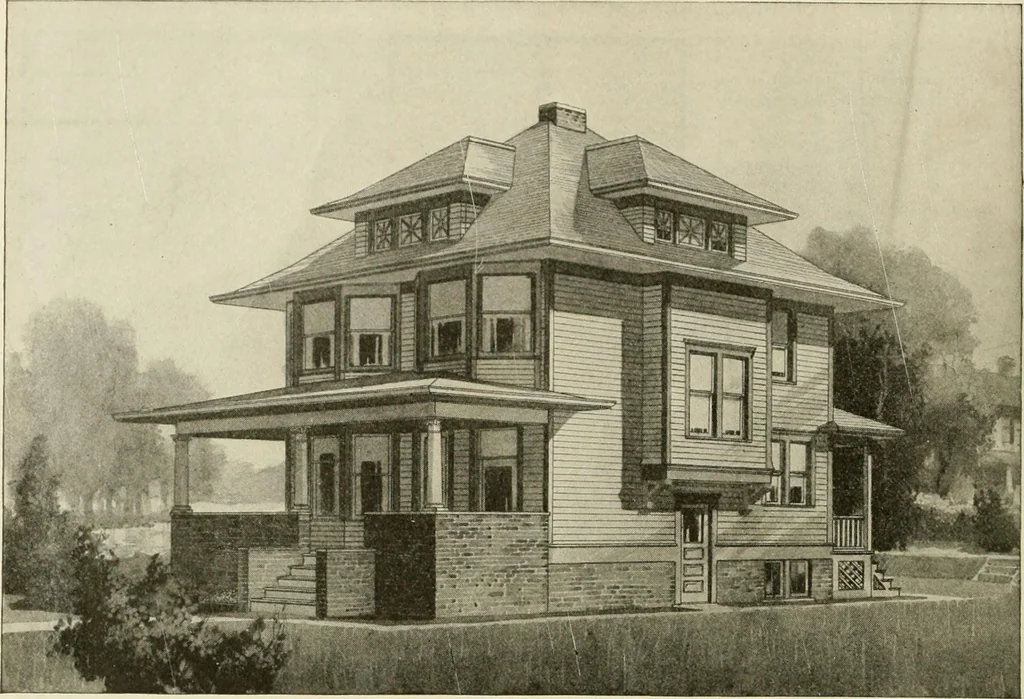 An illustration from Guaranteed building plans with interior views and details : a standard collection of new, original and artistic designs of cottages, bungalows, residences and flats of frame, brick, cement, plaster, concrete blocks, hollow tile, stucco, etc. and farm buildings of all descriptions together with interior and exterior details and interior views arranged and described by William A. Radford., 1915, leaf 115
