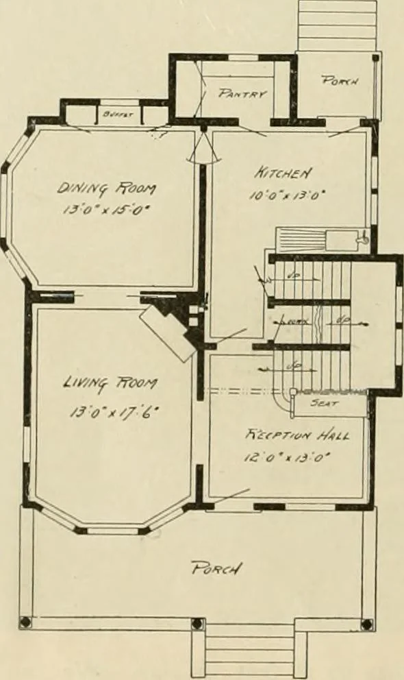 An illustration from Guaranteed building plans with interior views and details : a standard collection of new, original and artistic designs of cottages, bungalows, residences and flats of frame, brick, cement, plaster, concrete blocks, hollow tile, stucco, etc. and farm buildings of all descriptions together with interior and exterior details and interior views arranged and described by William A. Radford., 1915, leaf 115
