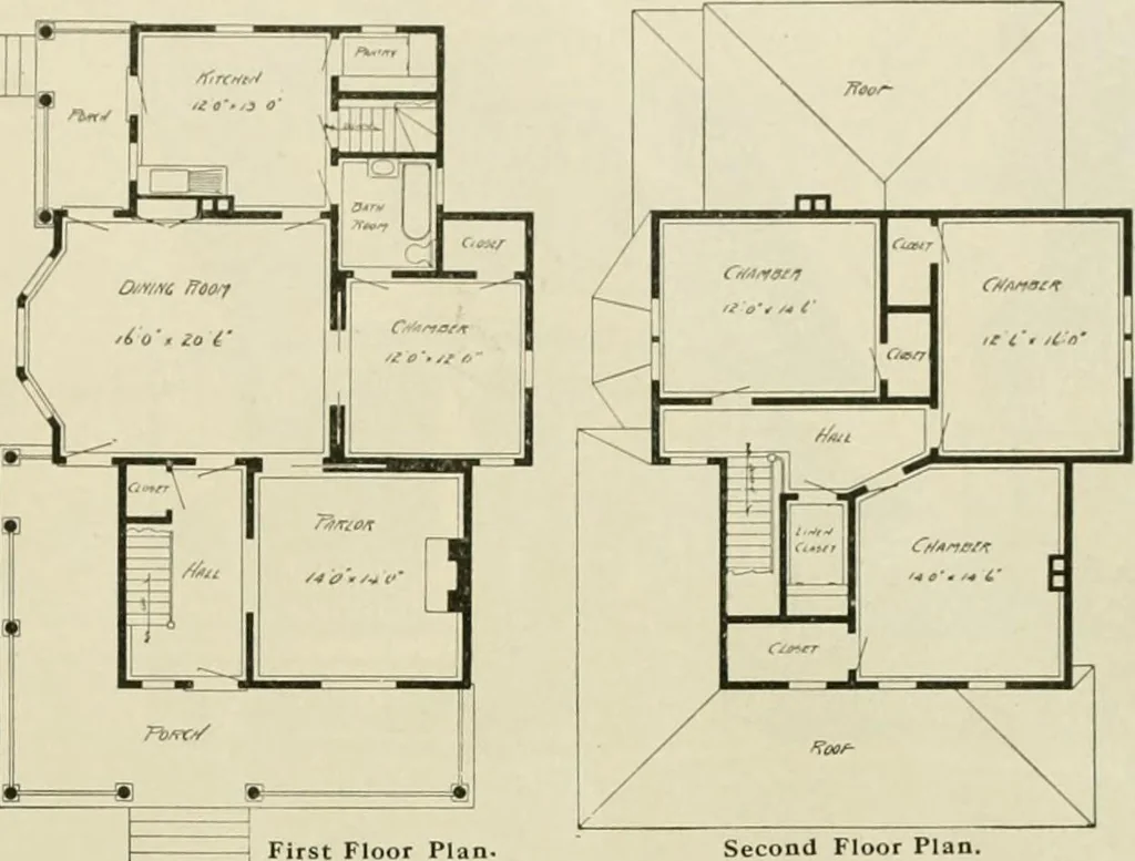 An illustration from Guaranteed building plans with interior views and details : a standard collection of new, original and artistic designs of cottages, bungalows, residences and flats of frame, brick, cement, plaster, concrete blocks, hollow tile, stucco, etc. and farm buildings of all descriptions together with interior and exterior details and interior views arranged and described by William A. Radford., 1915, leaf 116