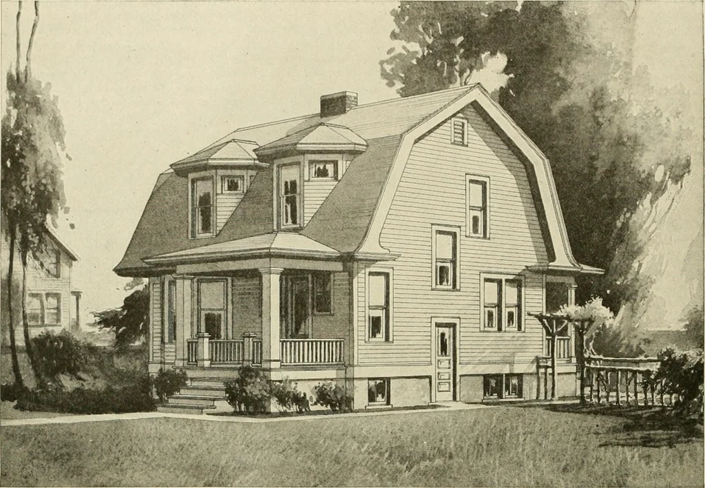 An illustration from Guaranteed building plans with interior views and details : a standard collection of new, original and artistic designs of cottages, bungalows, residences and flats of frame, brick, cement, plaster, concrete blocks, hollow tile, stucco, etc. and farm buildings of all descriptions together with interior and exterior details and interior views arranged and described by William A. Radford., 1915, leaf 117