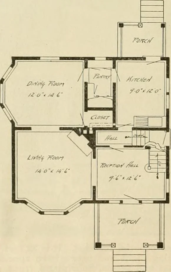 An illustration from Guaranteed building plans with interior views and details : a standard collection of new, original and artistic designs of cottages, bungalows, residences and flats of frame, brick, cement, plaster, concrete blocks, hollow tile, stucco, etc. and farm buildings of all descriptions together with interior and exterior details and interior views arranged and described by William A. Radford., 1915, leaf 117