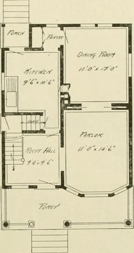 An illustration from Guaranteed building plans with interior views and details : a standard collection of new, original and artistic designs of cottages, bungalows, residences and flats of frame, brick, cement, plaster, concrete blocks, hollow tile, stucco, etc. and farm buildings of all descriptions together with interior and exterior details and interior views arranged and described by William A. Radford., 1915, leaf 118