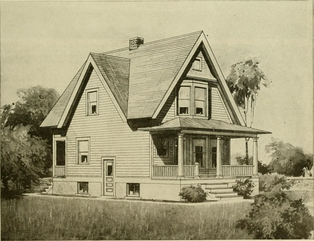 An illustration from Guaranteed building plans with interior views and details : a standard collection of new, original and artistic designs of cottages, bungalows, residences and flats of frame, brick, cement, plaster, concrete blocks, hollow tile, stucco, etc. and farm buildings of all descriptions together with interior and exterior details and interior views arranged and described by William A. Radford., 1915, leaf 118