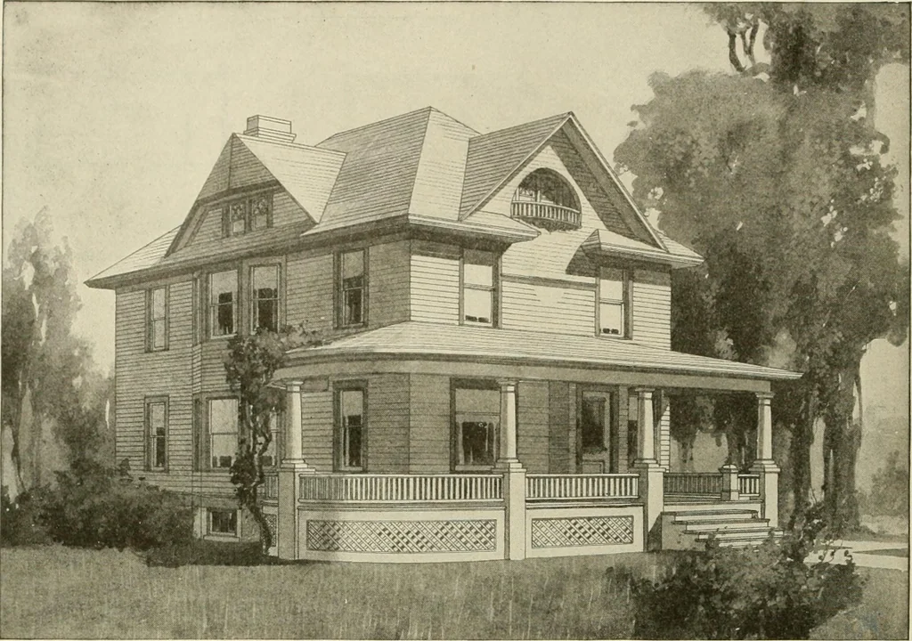 An illustration from Guaranteed building plans with interior views and details : a standard collection of new, original and artistic designs of cottages, bungalows, residences and flats of frame, brick, cement, plaster, concrete blocks, hollow tile, stucco, etc. and farm buildings of all descriptions together with interior and exterior details and interior views arranged and described by William A. Radford., 1915, leaf 119