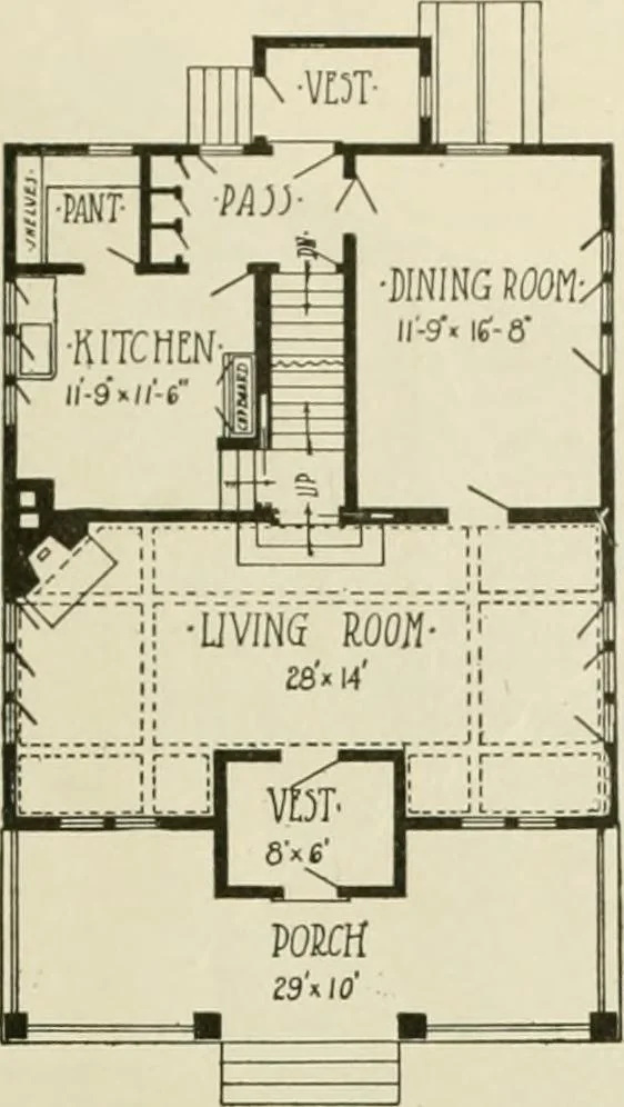 An illustration from Guaranteed building plans with interior views and details : a standard collection of new, original and artistic designs of cottages, bungalows, residences and flats of frame, brick, cement, plaster, concrete blocks, hollow tile, stucco, etc. and farm buildings of all descriptions together with interior and exterior details and interior views arranged and described by William A. Radford., 1915, leaf 12