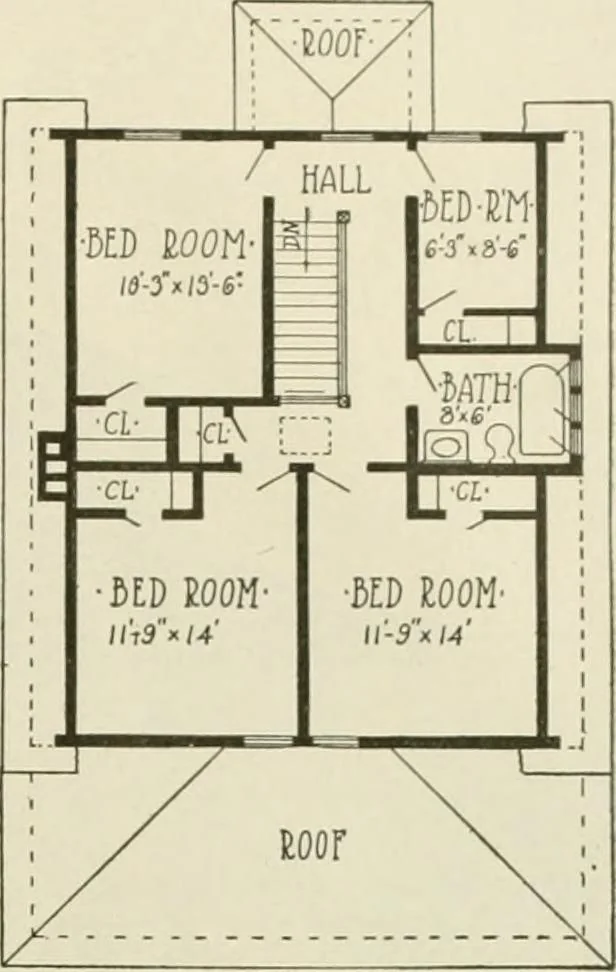 An illustration from Guaranteed building plans with interior views and details : a standard collection of new, original and artistic designs of cottages, bungalows, residences and flats of frame, brick, cement, plaster, concrete blocks, hollow tile, stucco, etc. and farm buildings of all descriptions together with interior and exterior details and interior views arranged and described by William A. Radford., 1915, leaf 12