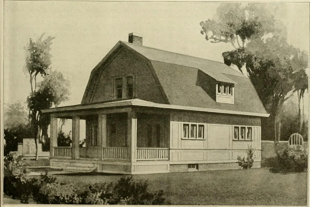 An illustration from Guaranteed building plans with interior views and details : a standard collection of new, original and artistic designs of cottages, bungalows, residences and flats of frame, brick, cement, plaster, concrete blocks, hollow tile, stucco, etc. and farm buildings of all descriptions together with interior and exterior details and interior views arranged and described by William A. Radford., 1915, leaf 12