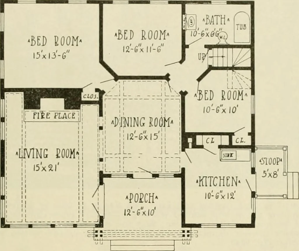 An illustration from Guaranteed building plans with interior views and details : a standard collection of new, original and artistic designs of cottages, bungalows, residences and flats of frame, brick, cement, plaster, concrete blocks, hollow tile, stucco, etc. and farm buildings of all descriptions together with interior and exterior details and interior views arranged and described by William A. Radford., 1915, leaf 120