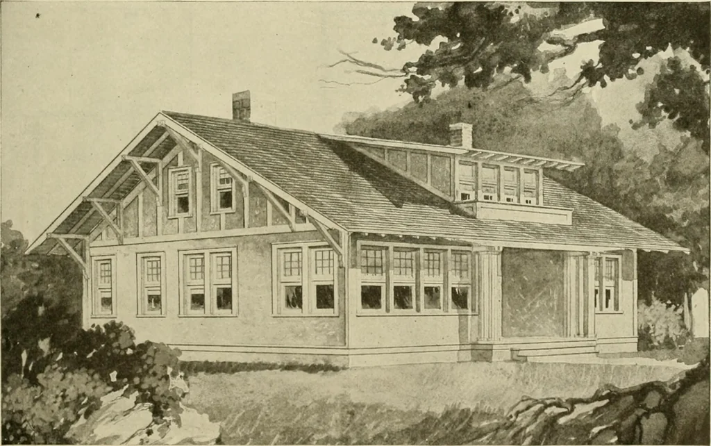 An illustration from Guaranteed building plans with interior views and details : a standard collection of new, original and artistic designs of cottages, bungalows, residences and flats of frame, brick, cement, plaster, concrete blocks, hollow tile, stucco, etc. and farm buildings of all descriptions together with interior and exterior details and interior views arranged and described by William A. Radford., 1915, leaf 120