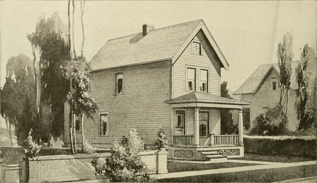 An illustration from Guaranteed building plans with interior views and details : a standard collection of new, original and artistic designs of cottages, bungalows, residences and flats of frame, brick, cement, plaster, concrete blocks, hollow tile, stucco, etc. and farm buildings of all descriptions together with interior and exterior details and interior views arranged and described by William A. Radford., 1915, leaf 121