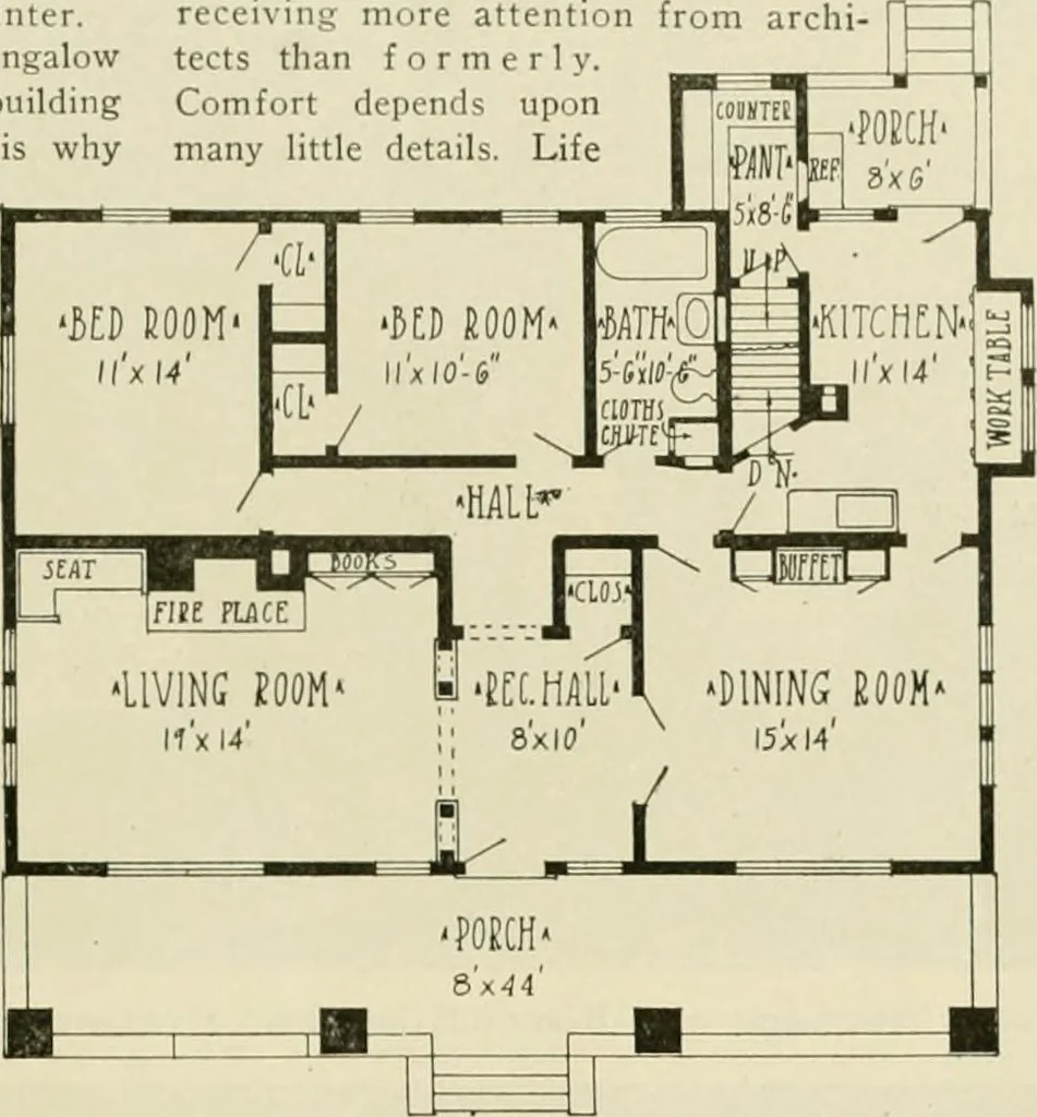 An illustration from Guaranteed building plans with interior views and details : a standard collection of new, original and artistic designs of cottages, bungalows, residences and flats of frame, brick, cement, plaster, concrete blocks, hollow tile, stucco, etc. and farm buildings of all descriptions together with interior and exterior details and interior views arranged and described by William A. Radford., 1915, leaf 122