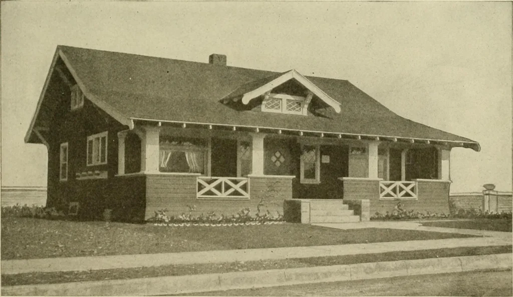 An illustration from Guaranteed building plans with interior views and details : a standard collection of new, original and artistic designs of cottages, bungalows, residences and flats of frame, brick, cement, plaster, concrete blocks, hollow tile, stucco, etc. and farm buildings of all descriptions together with interior and exterior details and interior views arranged and described by William A. Radford., 1915, leaf 122