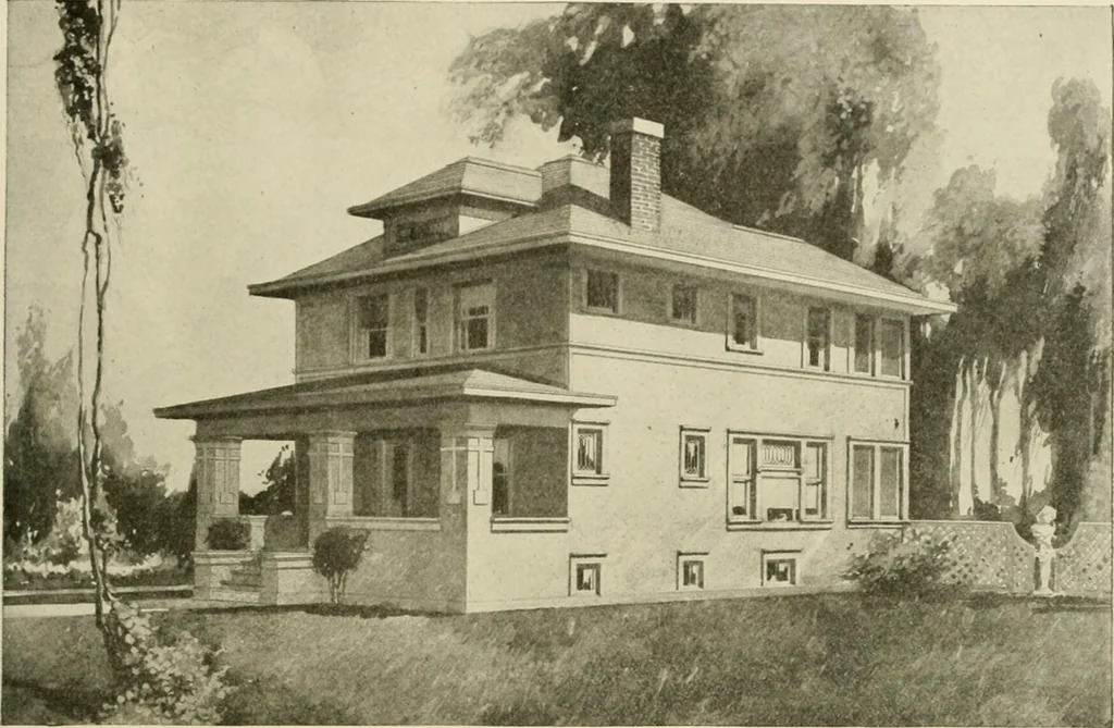An illustration from Guaranteed building plans with interior views and details : a standard collection of new, original and artistic designs of cottages, bungalows, residences and flats of frame, brick, cement, plaster, concrete blocks, hollow tile, stucco, etc. and farm buildings of all descriptions together with interior and exterior details and interior views arranged and described by William A. Radford., 1915, leaf 124