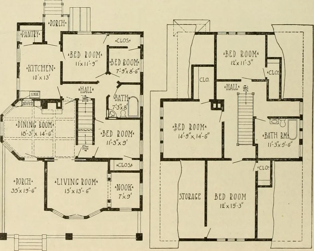 An illustration from Guaranteed building plans with interior views and details : a standard collection of new, original and artistic designs of cottages, bungalows, residences and flats of frame, brick, cement, plaster, concrete blocks, hollow tile, stucco, etc. and farm buildings of all descriptions together with interior and exterior details and interior views arranged and described by William A. Radford., 1915, leaf 125