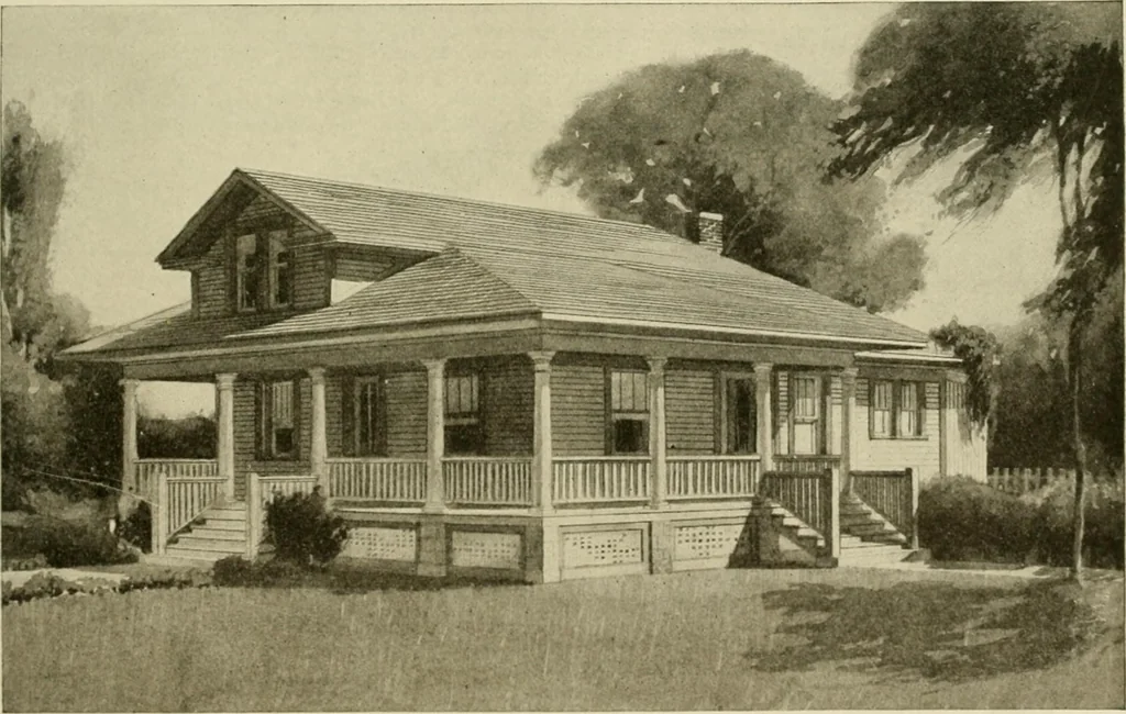 An illustration from Guaranteed building plans with interior views and details : a standard collection of new, original and artistic designs of cottages, bungalows, residences and flats of frame, brick, cement, plaster, concrete blocks, hollow tile, stucco, etc. and farm buildings of all descriptions together with interior and exterior details and interior views arranged and described by William A. Radford., 1915, leaf 126