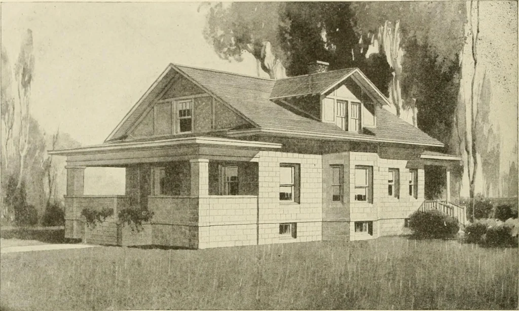 An illustration from Guaranteed building plans with interior views and details : a standard collection of new, original and artistic designs of cottages, bungalows, residences and flats of frame, brick, cement, plaster, concrete blocks, hollow tile, stucco, etc. and farm buildings of all descriptions together with interior and exterior details and interior views arranged and described by William A. Radford., 1915, leaf 127