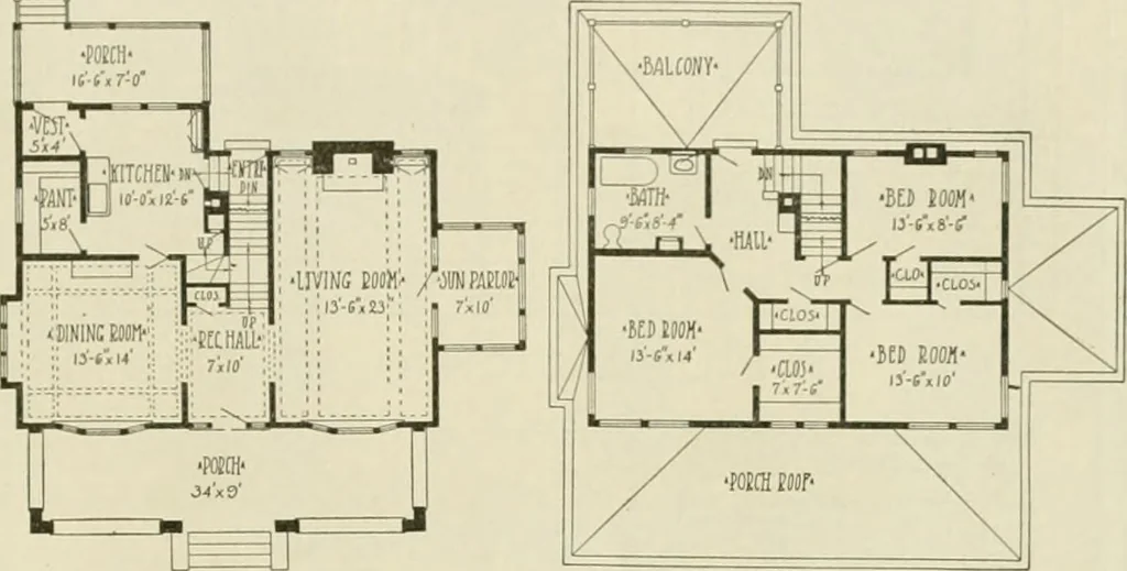 An illustration from Guaranteed building plans with interior views and details : a standard collection of new, original and artistic designs of cottages, bungalows, residences and flats of frame, brick, cement, plaster, concrete blocks, hollow tile, stucco, etc. and farm buildings of all descriptions together with interior and exterior details and interior views arranged and described by William A. Radford., 1915, leaf 128