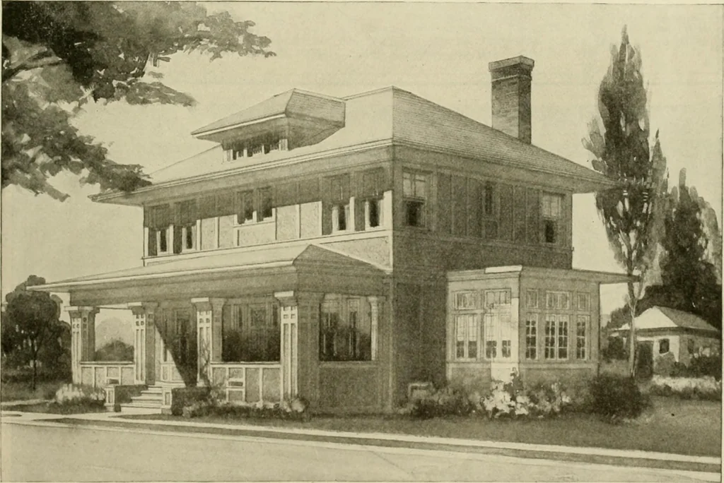 An illustration from Guaranteed building plans with interior views and details : a standard collection of new, original and artistic designs of cottages, bungalows, residences and flats of frame, brick, cement, plaster, concrete blocks, hollow tile, stucco, etc. and farm buildings of all descriptions together with interior and exterior details and interior views arranged and described by William A. Radford., 1915, leaf 128