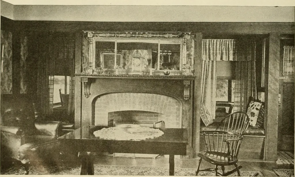 An illustration from Guaranteed building plans with interior views and details : a standard collection of new, original and artistic designs of cottages, bungalows, residences and flats of frame, brick, cement, plaster, concrete blocks, hollow tile, stucco, etc. and farm buildings of all descriptions together with interior and exterior details and interior views arranged and described by William A. Radford., 1915, leaf 129