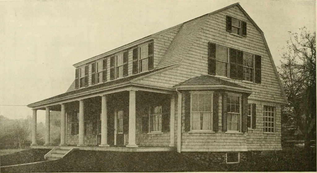 An illustration from Guaranteed building plans with interior views and details : a standard collection of new, original and artistic designs of cottages, bungalows, residences and flats of frame, brick, cement, plaster, concrete blocks, hollow tile, stucco, etc. and farm buildings of all descriptions together with interior and exterior details and interior views arranged and described by William A. Radford., 1915, leaf 13