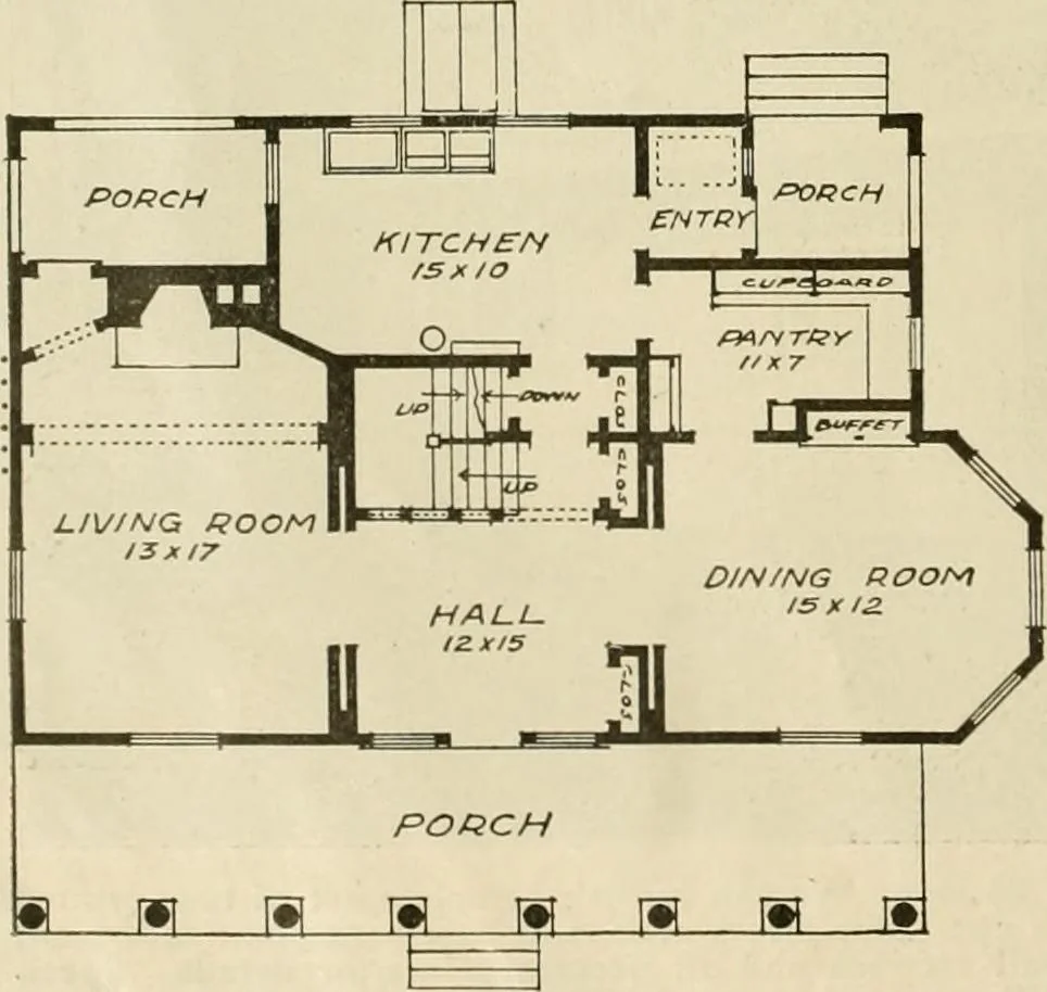 An illustration from Guaranteed building plans with interior views and details : a standard collection of new, original and artistic designs of cottages, bungalows, residences and flats of frame, brick, cement, plaster, concrete blocks, hollow tile, stucco, etc. and farm buildings of all descriptions together with interior and exterior details and interior views arranged and described by William A. Radford., 1915, leaf 13