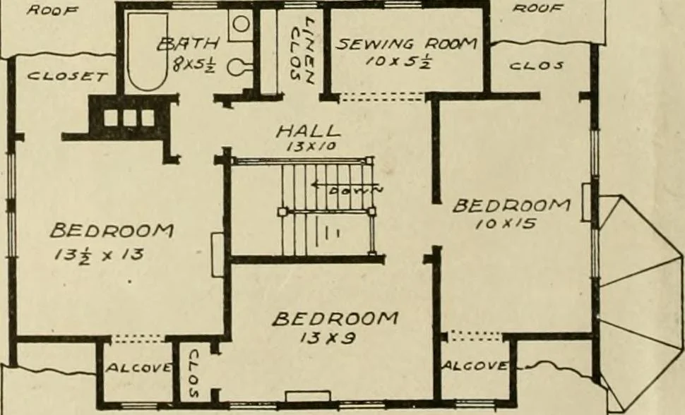 An illustration from Guaranteed building plans with interior views and details : a standard collection of new, original and artistic designs of cottages, bungalows, residences and flats of frame, brick, cement, plaster, concrete blocks, hollow tile, stucco, etc. and farm buildings of all descriptions together with interior and exterior details and interior views arranged and described by William A. Radford., 1915, leaf 13
