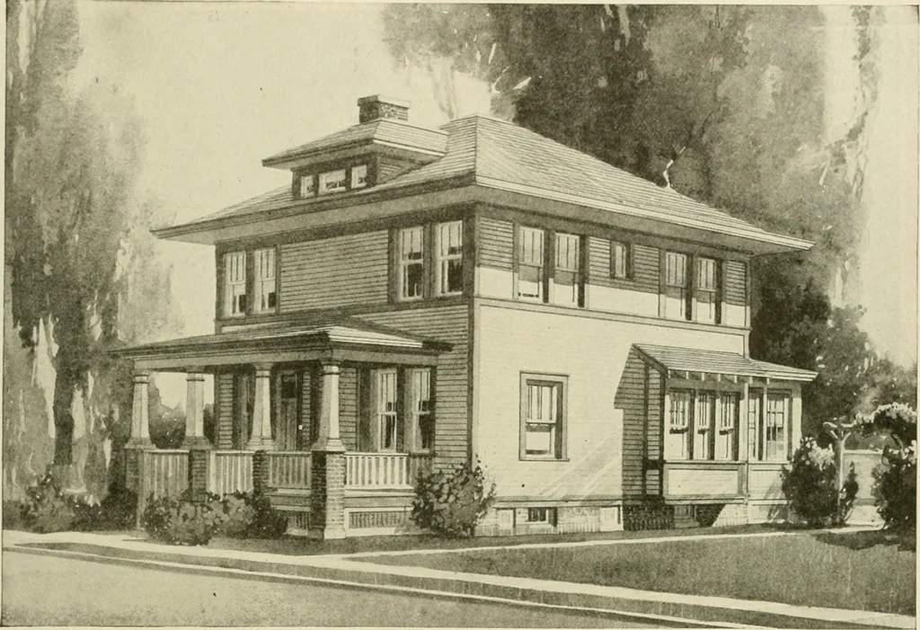 An illustration from Guaranteed building plans with interior views and details : a standard collection of new, original and artistic designs of cottages, bungalows, residences and flats of frame, brick, cement, plaster, concrete blocks, hollow tile, stucco, etc. and farm buildings of all descriptions together with interior and exterior details and interior views arranged and described by William A. Radford., 1915, leaf 130
