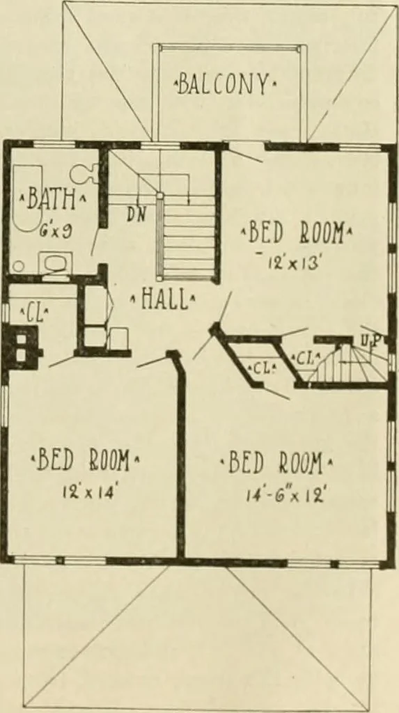 An illustration from Guaranteed building plans with interior views and details : a standard collection of new, original and artistic designs of cottages, bungalows, residences and flats of frame, brick, cement, plaster, concrete blocks, hollow tile, stucco, etc. and farm buildings of all descriptions together with interior and exterior details and interior views arranged and described by William A. Radford., 1915, leaf 130