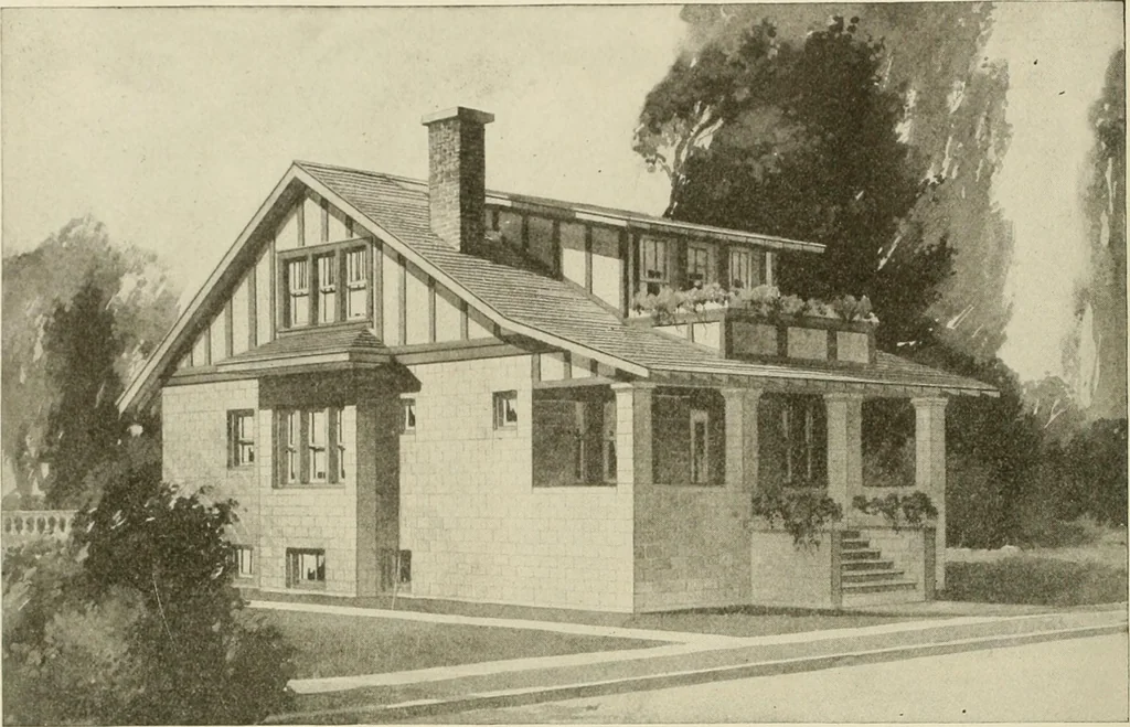 An illustration from Guaranteed building plans with interior views and details : a standard collection of new, original and artistic designs of cottages, bungalows, residences and flats of frame, brick, cement, plaster, concrete blocks, hollow tile, stucco, etc. and farm buildings of all descriptions together with interior and exterior details and interior views arranged and described by William A. Radford., 1915, leaf 131