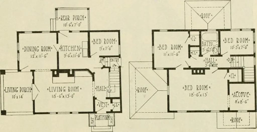 An illustration from Guaranteed building plans with interior views and details : a standard collection of new, original and artistic designs of cottages, bungalows, residences and flats of frame, brick, cement, plaster, concrete blocks, hollow tile, stucco, etc. and farm buildings of all descriptions together with interior and exterior details and interior views arranged and described by William A. Radford., 1915, leaf 132