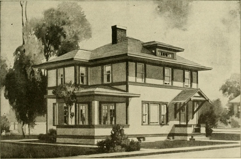 An illustration from Guaranteed building plans with interior views and details : a standard collection of new, original and artistic designs of cottages, bungalows, residences and flats of frame, brick, cement, plaster, concrete blocks, hollow tile, stucco, etc. and farm buildings of all descriptions together with interior and exterior details and interior views arranged and described by William A. Radford., 1915, leaf 132