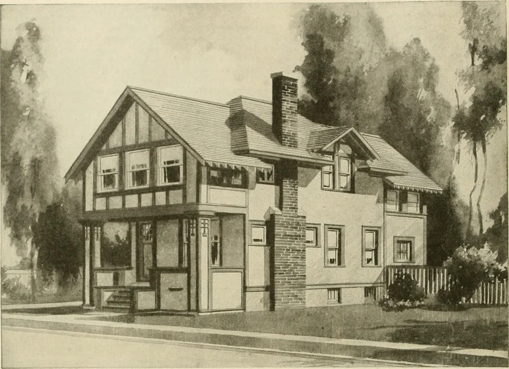 An illustration from Guaranteed building plans with interior views and details : a standard collection of new, original and artistic designs of cottages, bungalows, residences and flats of frame, brick, cement, plaster, concrete blocks, hollow tile, stucco, etc. and farm buildings of all descriptions together with interior and exterior details and interior views arranged and described by William A. Radford., 1915, leaf 133