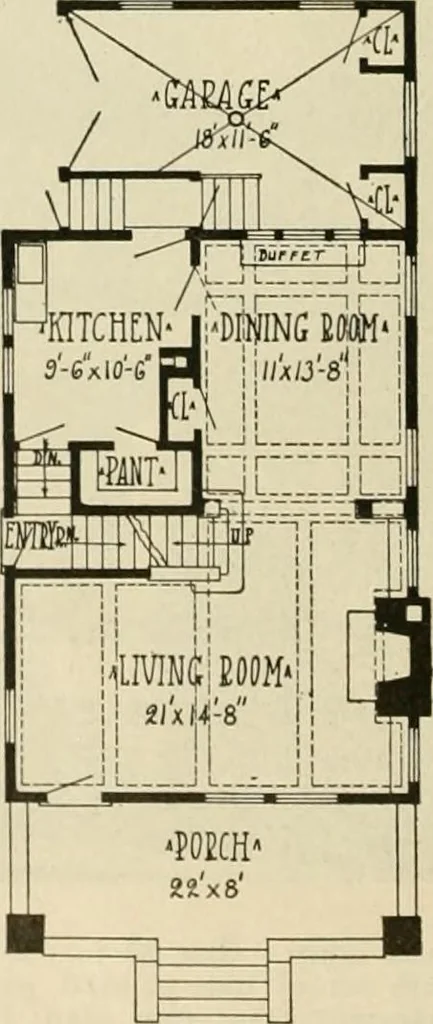 An illustration from Guaranteed building plans with interior views and details : a standard collection of new, original and artistic designs of cottages, bungalows, residences and flats of frame, brick, cement, plaster, concrete blocks, hollow tile, stucco, etc. and farm buildings of all descriptions together with interior and exterior details and interior views arranged and described by William A. Radford., 1915, leaf 133