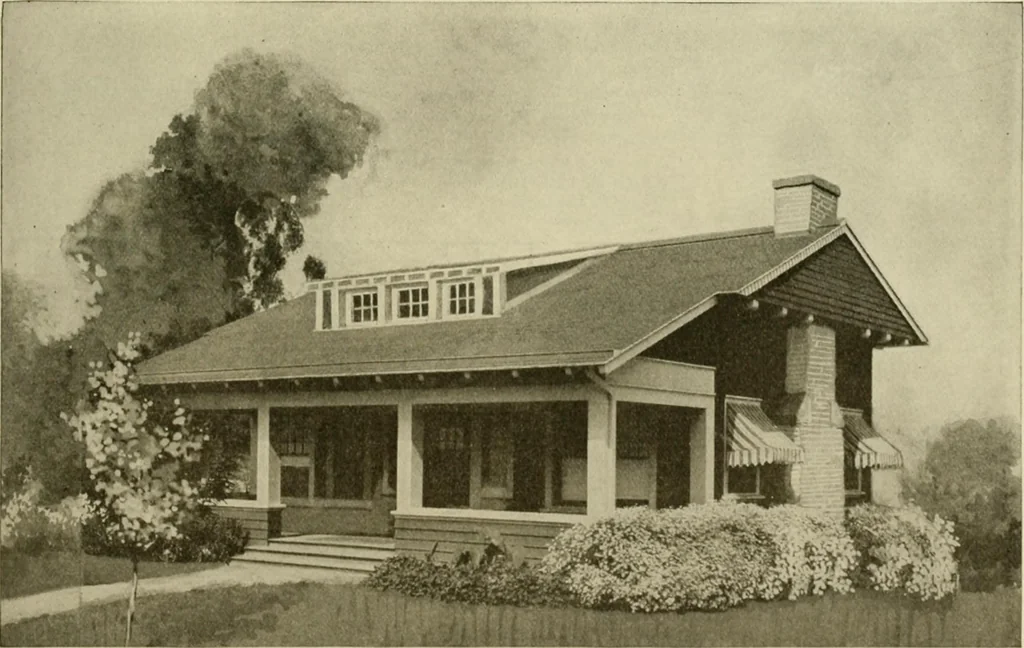 An illustration from Guaranteed building plans with interior views and details : a standard collection of new, original and artistic designs of cottages, bungalows, residences and flats of frame, brick, cement, plaster, concrete blocks, hollow tile, stucco, etc. and farm buildings of all descriptions together with interior and exterior details and interior views arranged and described by William A. Radford., 1915, leaf 134