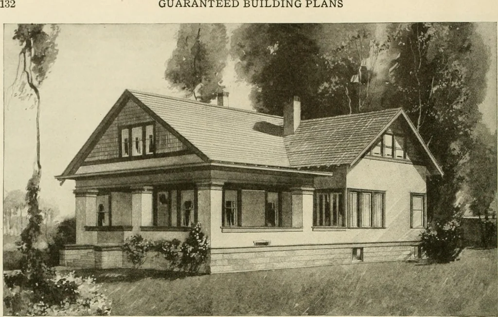 An illustration from Guaranteed building plans with interior views and details : a standard collection of new, original and artistic designs of cottages, bungalows, residences and flats of frame, brick, cement, plaster, concrete blocks, hollow tile, stucco, etc. and farm buildings of all descriptions together with interior and exterior details and interior views arranged and described by William A. Radford., 1915, leaf 135